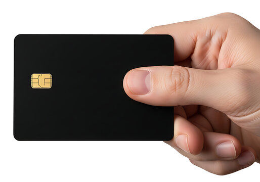 Hand holding a blank black credit card with golden emv chip