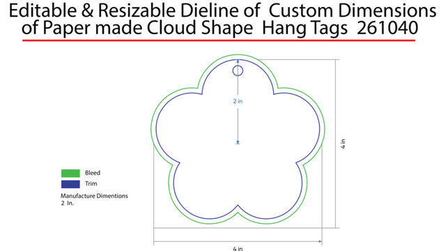 Cloud shape hang tag dieline template with bleed and trim lines