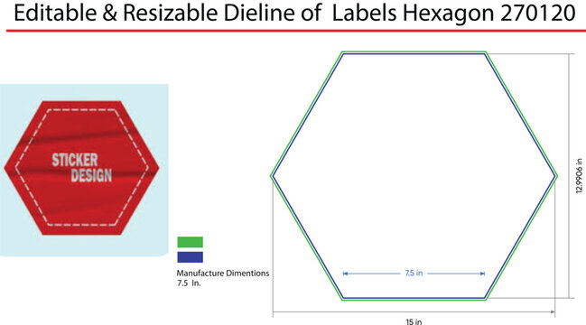 Hexagon label dieline template with dimensions and example sticker