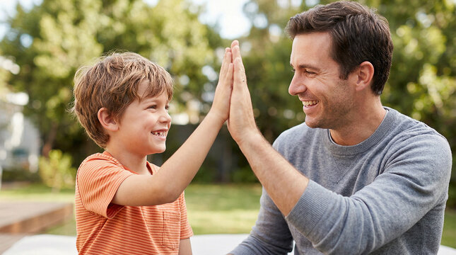 Father and son giving high five in the park on a sunny day