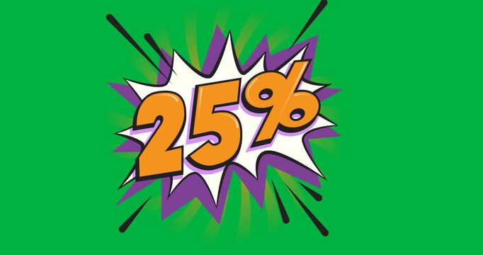 Digital animation of 25 percent off text retro speech bubble against black background
