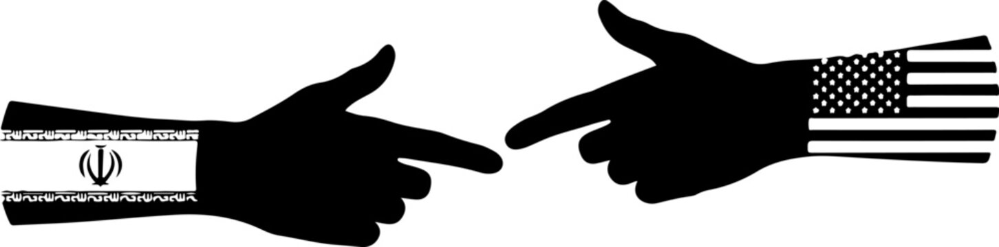 Iran and USA hands pointing at each other symbolism.