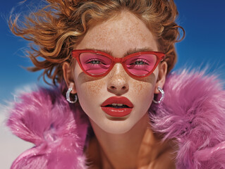 Fototapeta premium A stylish woman in pink oval sunglasses and a soft textured coat poses with glowing skin in bright sunlight. Contemporary fashion portrait with a clean modern y2k aesthetic vibe.