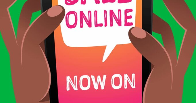 Stylized hands holding phone vibrating after ping and revealing SALE ONLINE on transparent backdrop