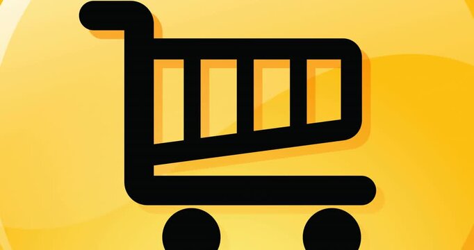 Digital animation of shopping cart icon over yellow circular shape against black background