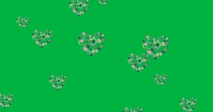 Floral hearts emerging bottom, rising, overlapping, pulsing, forming scatter on transparent canvas