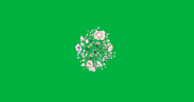 On loop floral wreath rotating, shrinking, shifting up-left, reversing, pulsing on clear bg as logo