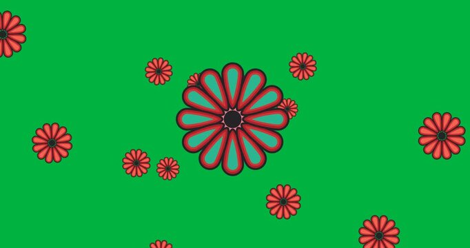 Orbiting central daisy on black canvas, with tiny dot cluster and small red motifs coming, circling