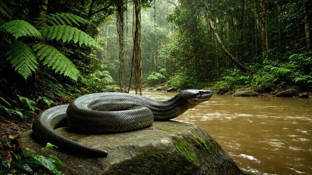 Giant anaconda snake resting on a mossy rock by a jungle river