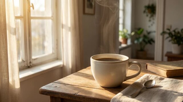 Unbranded coffee cup on wooden table by sunlit window