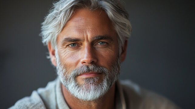 Close-up portrait of a mature man with graying hair and beard, serious expression
