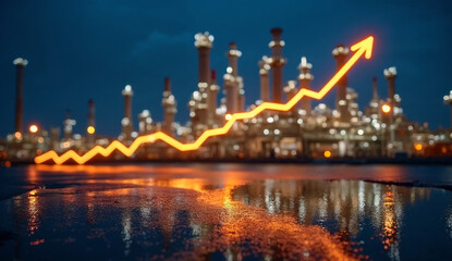 Fototapeta premium Industrial oil refinery with a golden rising trend line graph glowing at night.