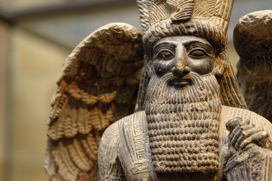 Lamassu sculpture representing a protective deity with bull's body, eagle's wings, and human's head