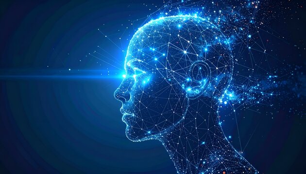 Woman gazes at digital data streams with focused intensity. Blue light pulses across her face