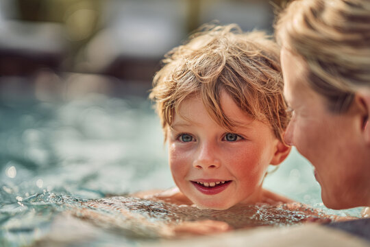 Child Enjoying Swimming Lesson with Parent in Sunlit Pool, Emphasizing Safety and
