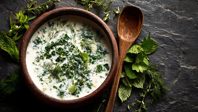 Traditional Azerbaijani Dovga - Cold Yogurt Soup with Fresh Herbs in Clay Bowl