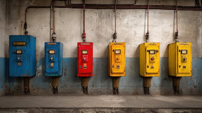 Row of vintage industrial electrical control boxes on a weathered wall in an old factory
