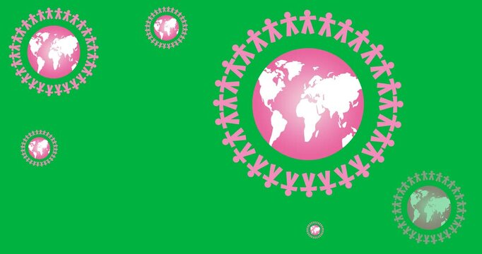 Multiple people holding hands icon around a globe against black background