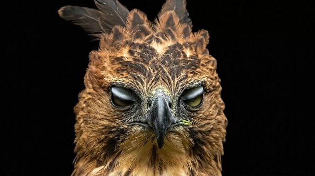 A sharp close-up portrait of the endangered Javan hawk-eagle with its distinctive crest and intense yellow eyes against a clean black background.