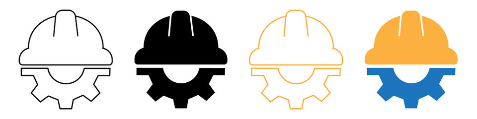 Fototapeta premium Industrial engineering icons set with safety helmet and mechanical gear elements on transparent background.