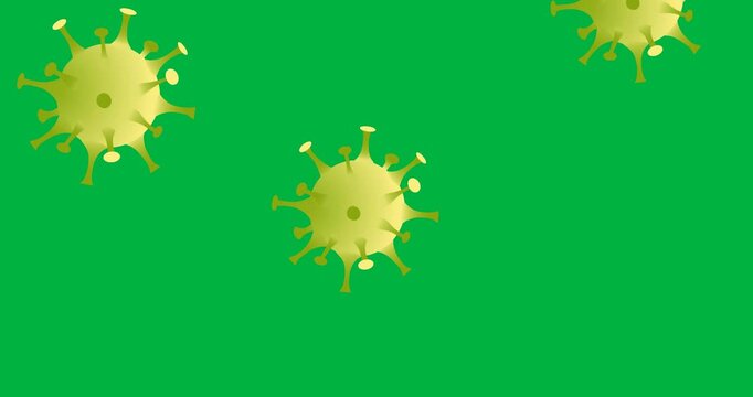 Digital animation of multiple yellow covid-19 cells icons falling against black background