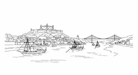 Fototapeta premium Black and white sketch of a harbor with a castle, bridge, and boats