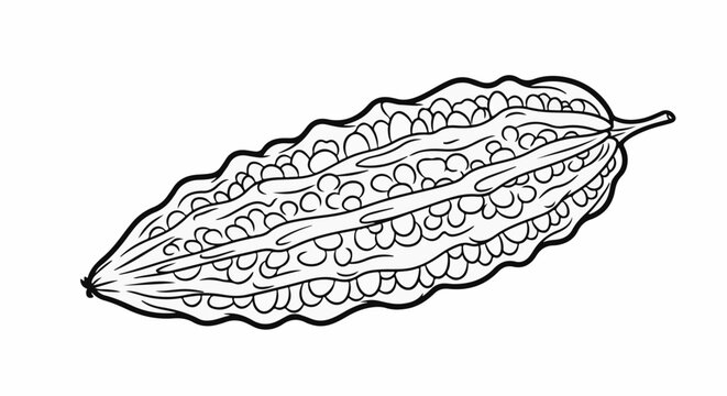 Black and white line drawing of a ribbed, oval-shaped gourd with bumpy texture