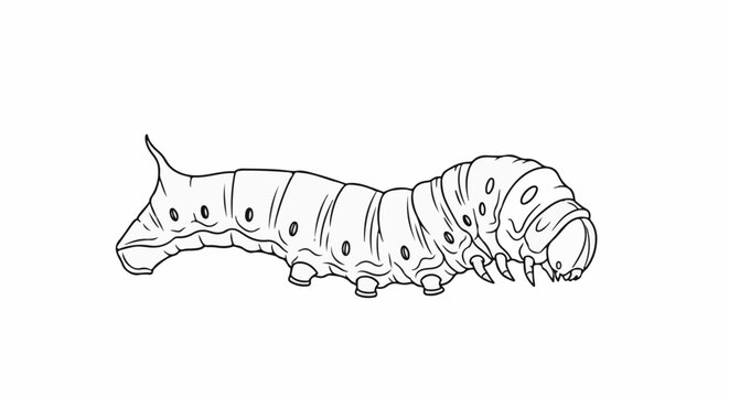 Black and white line drawing of a segmented caterpillar with multiple legs