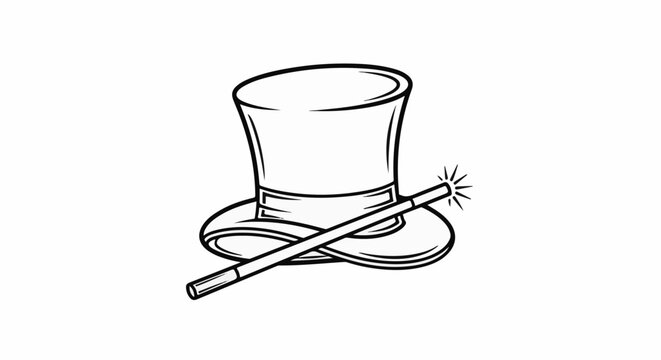 Black and white outline illustration of a magician's top hat and wand
