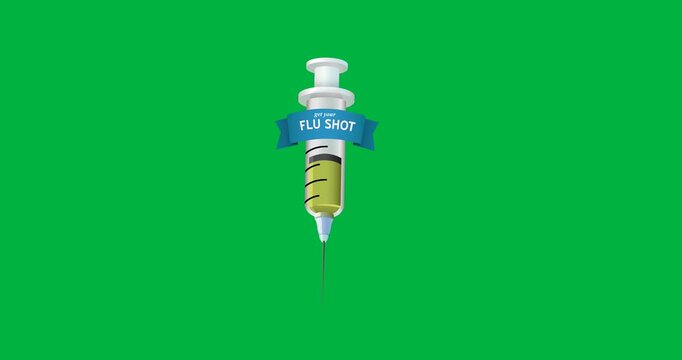 Digital animation of flu shot text banner with syringe icon against black background