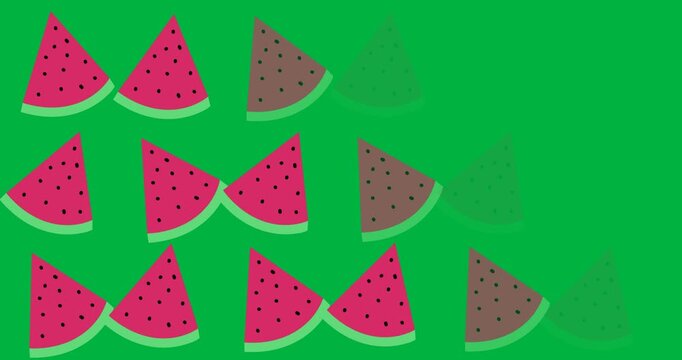Digital animation of multiple watermelon slice icons against black background