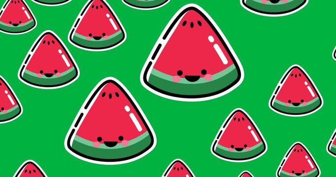 Digital animation of multiple watermelon slice icons against black background