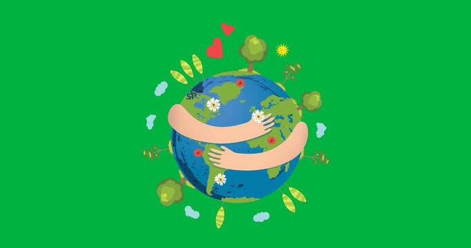 Digital animation of hands hugging a globe icon against black background