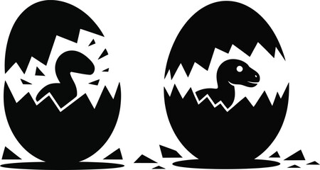 Black silhouette of dinosaur egg hatching in a stylized cartoon design © Josna