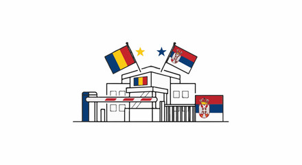 Naklejka premium Border crossing station with national flags and barrier gate