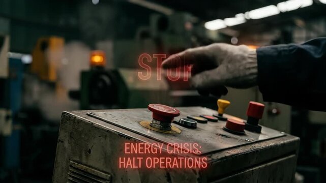 Stop button emergency shutdown energy crisis halt operations factory safety power cut warning alert industrial control panel machinery worker glove