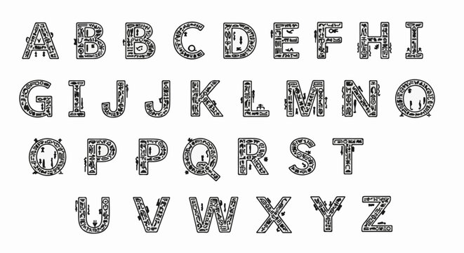 Alphabet letters A-Z formed by ancient Egyptian hieroglyphs
