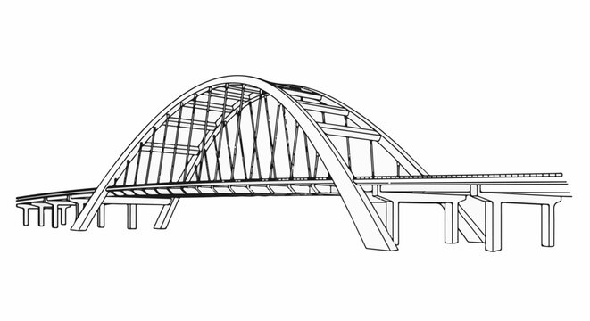 An architectural line drawing of a large arch bridge with supports and a roadbed