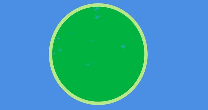 Digital animation of snowflakes falling over round banner against blue background