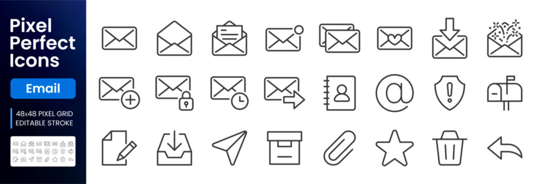 Email, communication line icons set. Envelope, inbox, paper plane, mail notification, contact book, attachment, secure message minimal vector illustrations. 48x48 Pixel Perfect. Editable Stroke