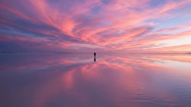 A vast salt flat landscape at sunset, the perfectly flat white surface flooded with a thin layer of water creating an infinite mirror effect, a lone figure standing at extreme