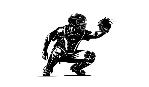 Baseball catcher ready to catch ball silhouette sports vector illustration