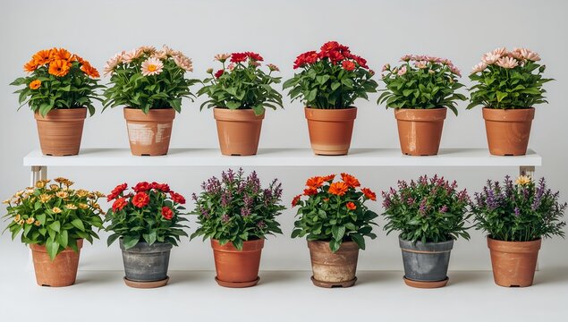 A stunning display of potted flowers arranged on a shelf, showcasing a vibrant array of colors and textures. The image is a beautifully arranged composition of botanical beauty
