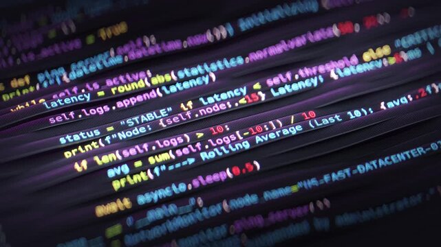 Close-up of colorful source code, representing software development, data processing, and modern technology concepts. 3D render animation