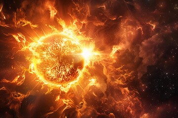 Fototapeta premium Powerful cosmic explosion with fire and energy emanating from a burning planet in deep space