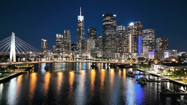 A nighttime cityscape with a river and bridge shows skyscrapers and buildings reflecting lights on the water.