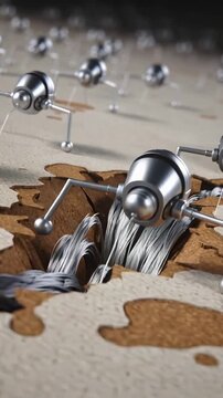 Vertical video: Moving mini spider bot probing panel as crack exposing braided cable, pulling wires