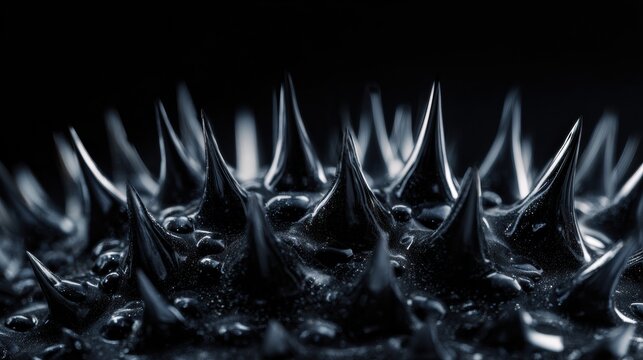 Extreme closeup of dense ferrofluid spikes, repetitive metallic points form tactile texture with gritty droplets and industrial mood, heavy contrast and raw mechanical rhythm in macro framing.