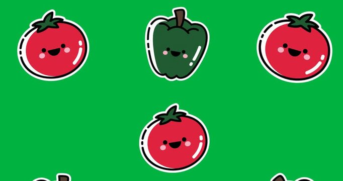 Multiple tomato and bell pepper icons moving in seamless pattern against black background