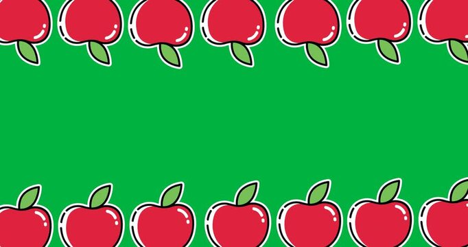 Multiple apple icons moving in seamless pattern with copy space against black background